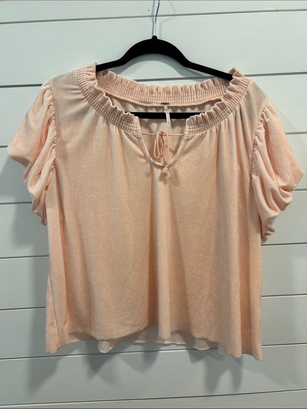 Free people Peach Velvet Ruffle Tie Neck Puff Sleeve Top